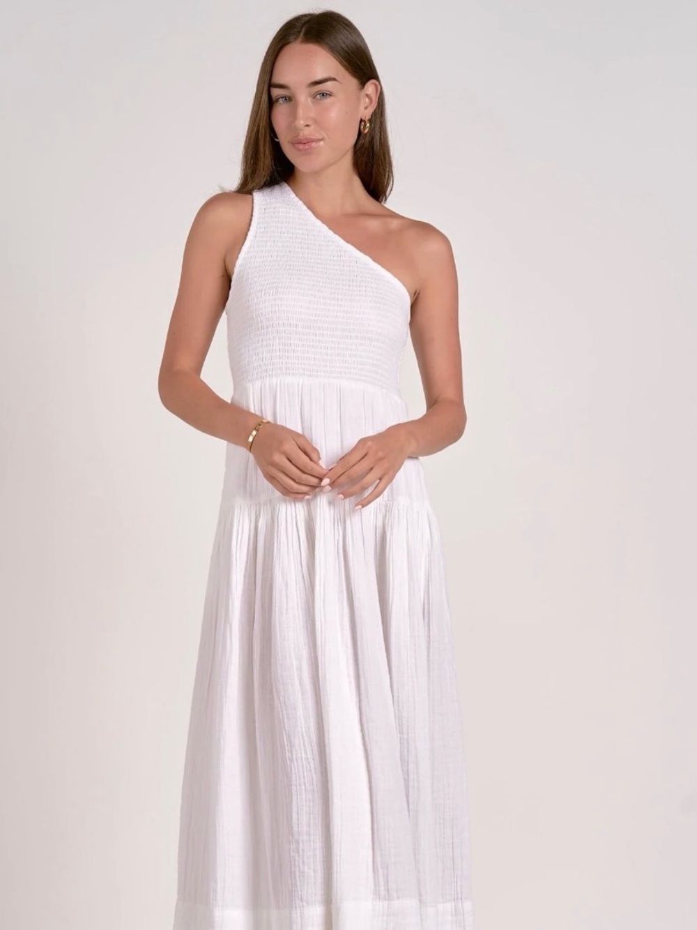 One-Shoulder White Maxi Dress - Sleeveless Tiered Style